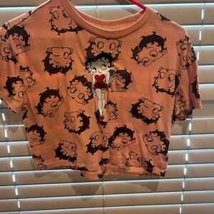 Betty Boop cropped T-shirt, coral color embroidered tee
